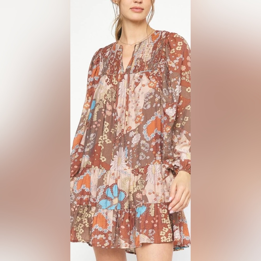 ENTRO Medium Boho Floral Tiered Mini Dress smocked yoke peasant sleeve